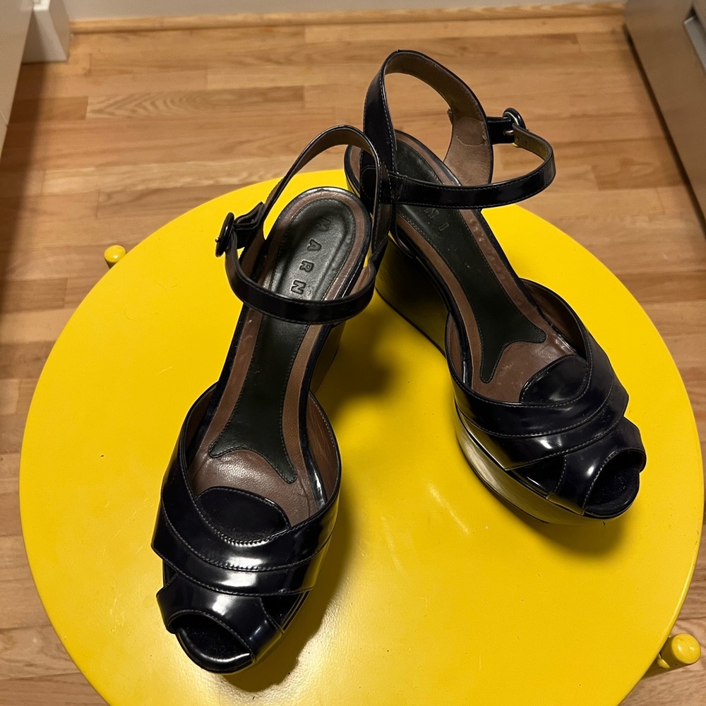 Marni Classic Peep Toe Ankle Strap Platform Wedge